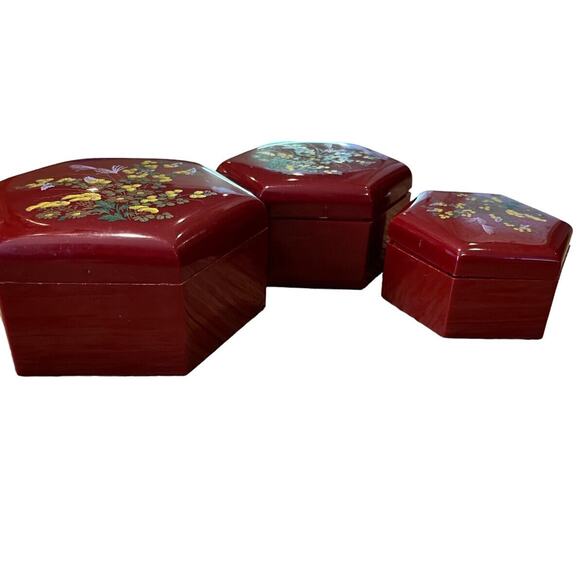 Vintage Floral Nesting Trinket Boxes Set of 3 Hexagon Hong Kong Lacquer Keepsake - Picture 3 of 5